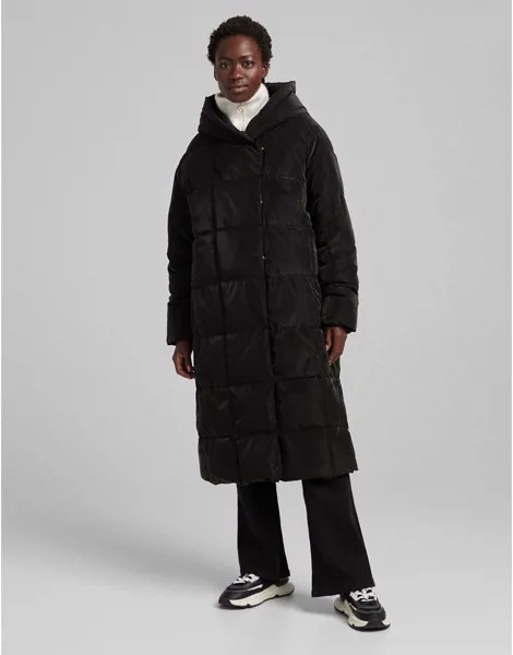 Черное дутое пальто макси со стеганой отделкой Bershka-Черный цвет