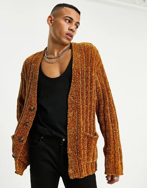 Светло-коричневый вязаный кардиган из синели ASOS DESIGN-Коричневый цвет
