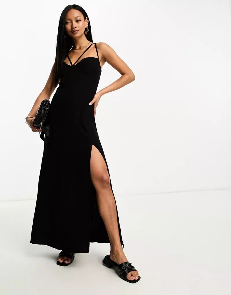 Черное льняное летнее платье макси с вырезом на спине и встроенными чашками ASOS