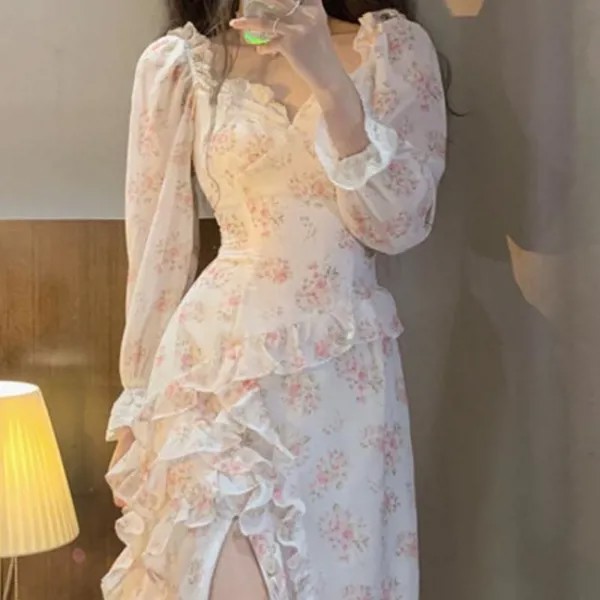 Сексуальное элегантное цельное платье Корея Повседневный с длинным рукавом Цветочное платье Миди Женщина Пляж Французская Винтажная вечеринка Платье Шик 2022 Лето