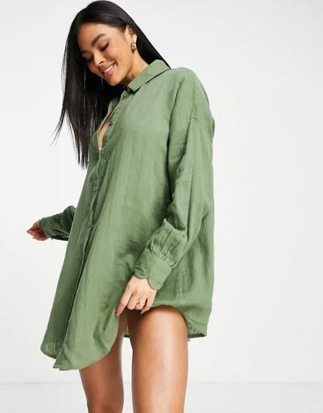 Пляжная рубашка цвета хаки с фигурными краями ASOS DESIGN-Зеленый цвет