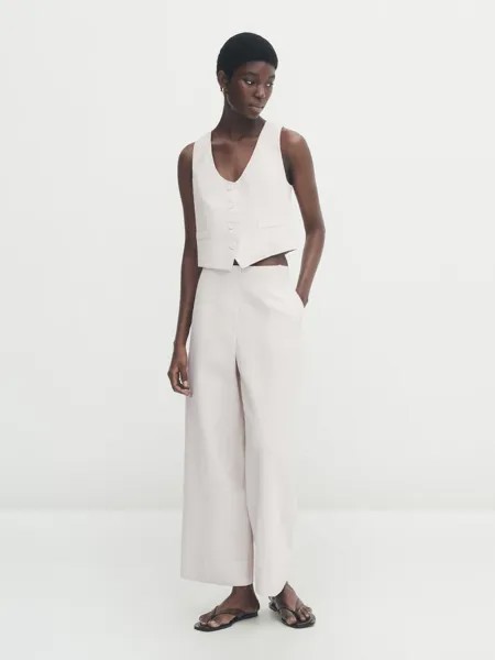 Короткий вощеный жилет из 100% льна Massimo Dutti, слоновая кость