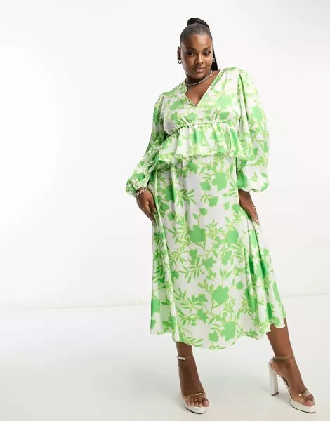 Эксклюзивное зеленое платье миди In The Style с v-образным вырезом и оборками на талии