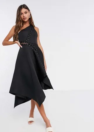 Черное платье миди для выпускного на одно плечо с асимметричным подолом ASOS DESIGN-Черный