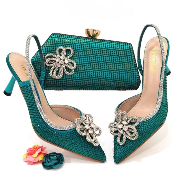 Женская Итальянская обувь с подходящими сумками, украшенная стразы, продажа женских туфель на высоком каблуке, вечерние слипоны, 2022