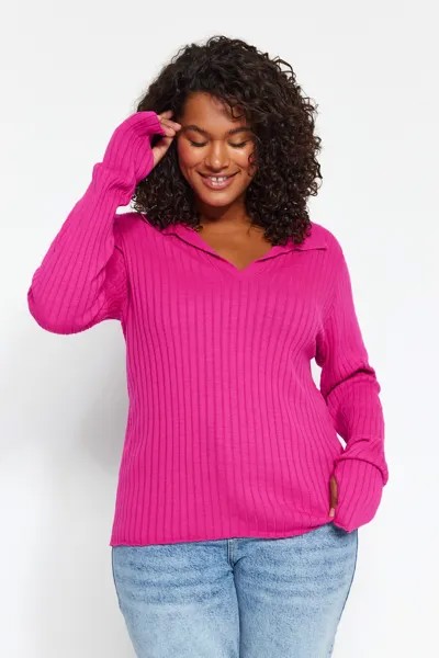 Трикотажный свитер с рукавами фуксии и воротником-поло Trendyol, розовый