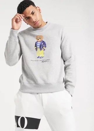 Серый меланжевый свитшот из флиса с принтом медведя Polo Ralph Lauren