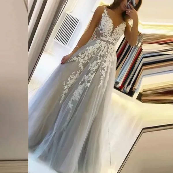 Длинные элегантные платья ANGELSBRIDEP для выпускного вечера для женщин, серого цвета, с кружевной аппликацией, ТРАПЕЦИЕВИДНОЕ вечернее платье Д...