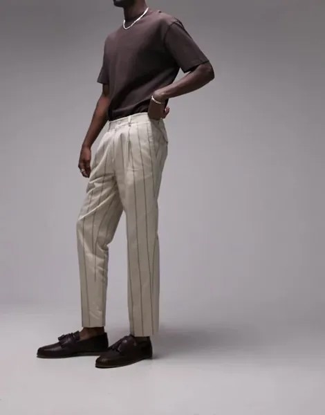 Костюмные брюки Topman в бежево-коричневую полоску