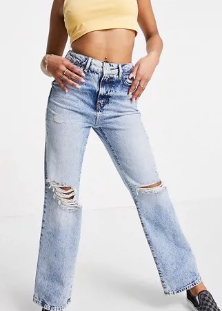 Синие прямые джинсы со рваной отделкой на коленях New Look Petite-Голубой