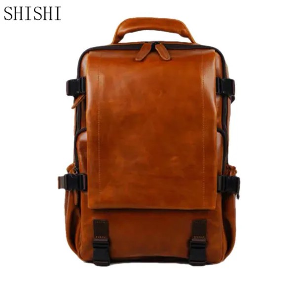 Кожаный рюкзак в стиле ретро для мужчин, индивидуальная вместительная школьная сумка, модный однотонный деловой портфель на плечо для комп...