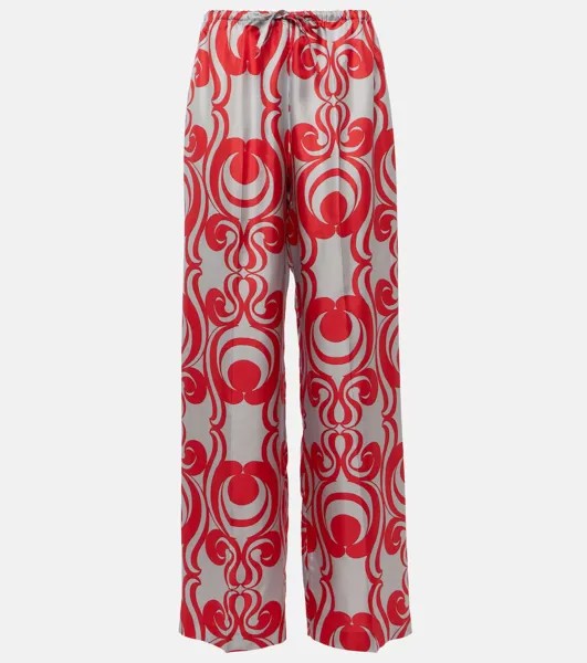 Широкие брюки из шелка с принтом Dries Van Noten, красный