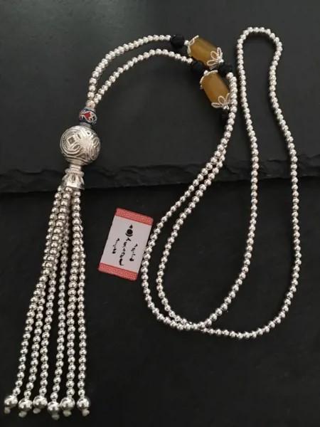 Монгольское серебряное ожерелье ручной работы, женские Украшения в этническом стиле, серебряные бусины, цепочка для свитера с кисточкой, Женская Монголия