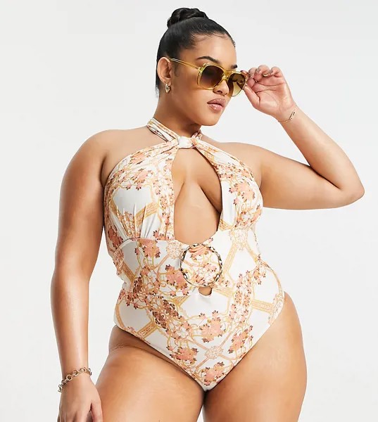 Слитный купальник с завязкой на шее и платочным принтом ASOS DESIGN Curve-Разноцветный