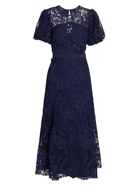 Кружевное платье-миди с короткими рукавами Self-Portrait, темно-синий