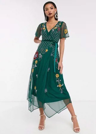 Платье миди с запахом, короткими рукавами и отделкой Frock & Frill-Зеленый
