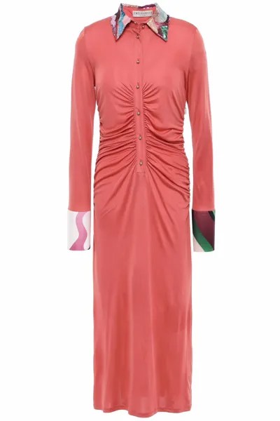 Платье-рубашка миди из шелкового джерси, украшенное пайетками, со сборками Emilio Pucci, античная роза