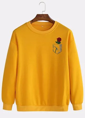 Mens Rose Chest Print Crew Шея Хлопковые свободные пуловеры кофты