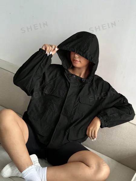 Coolane Plus Размер Повседневная однотонная куртка с капюшоном и длинными рукавами Shein, черный