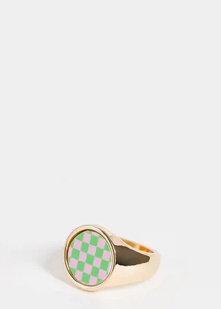 Золотистое кольцо с розово-зеленым шахматным принтом ASOS DESIGN Curve-Золотистый