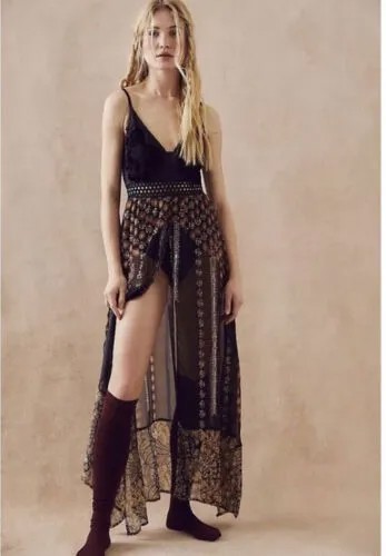 Боди Free People Calypso, бархатное платье макси с вышивкой и аппликацией из бисера, XL