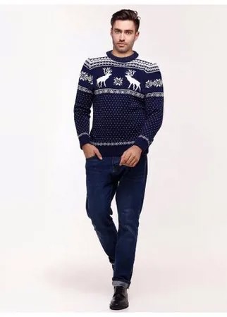 Мужской свитер, скандинавский орнамент с Оленями и снежинками, натуральная шерсть, синий цвет, размер L
