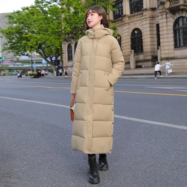 Женщины X-long с капюшоном Зимний пух Parka Дамы Теплый Тонкий Сплит Куртка Пальто Женский