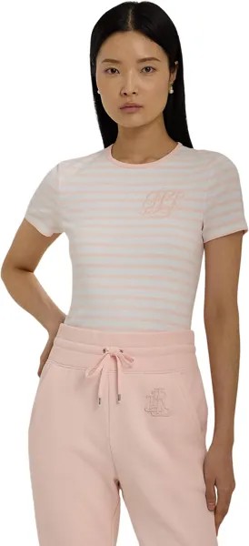 Футболка LAUREN Ralph Lauren Petite Striped Stretch Cotton Crewneck Tee, цвет White/Pink Opal