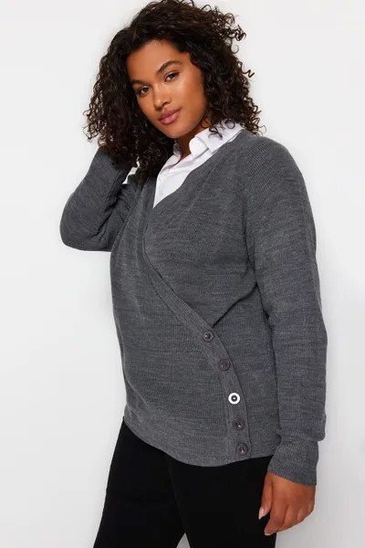 Антрацитовый двубортный вязаный свитер на пуговицах с воротником Trendyol, серый