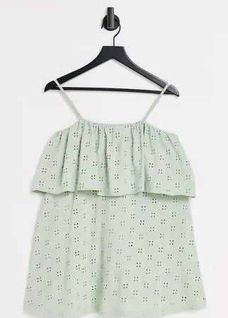 Платье мини на бретельках с вышивкой ришелье и двухслойным дизайном шалфейно-зеленого цвета ASOS DESIGN Petite-Зеленый цвет
