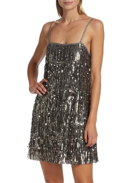 Мини-платье Chicago с бахромой и пайетками Alice + Olivia, цвет Gunmetal