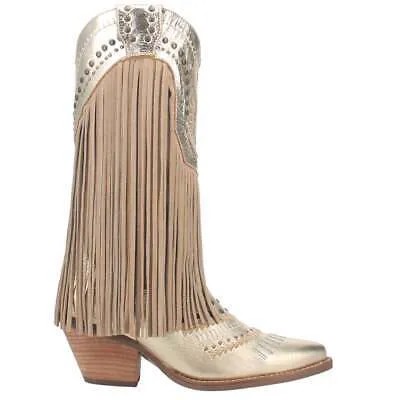 Dingo Gypsy Studed Fringe Metallic Snip Toe Cowboy Womens Gold Casual Boots DI