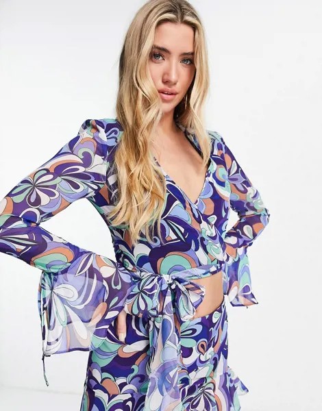 Блузка с запахом, оборками на рукавах и принтом завитков в стиле ретро от комплекта ASOS DESIGN-Разноцветный