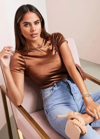 Коричневое атласное боди ASOS DESIGN-Коричневый цвет
