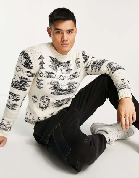 Бежевый вязаный джемпер с рисунком Pull&Bear