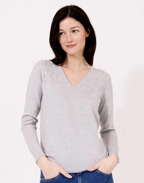 Женский свитер с V-образным вырезом и ажуром Naf Naf, светло-серый