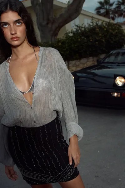 Мини-юбка с бисерами ZARA, черный
