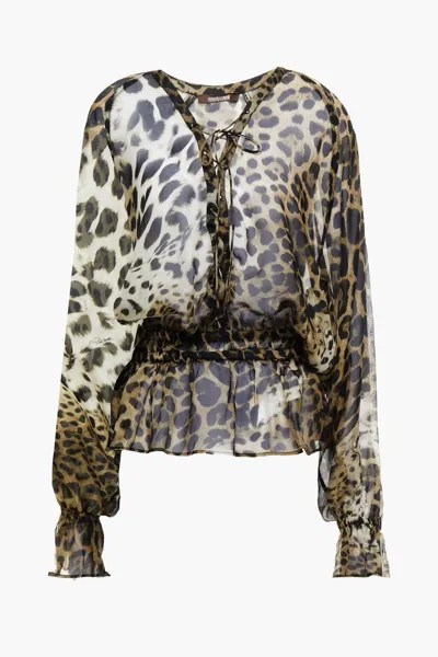 Украшенная блузка из шелкового шифона с леопардовым принтом Roberto Cavalli, цвет Animal print