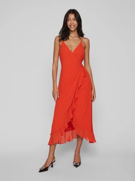 Платье Vila Elegantes Wickel mit Spaghettiträger Volant Rüschen Dress, оранжевый