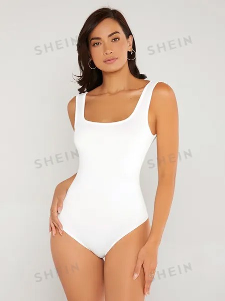 SHEIN BASICS Однотонное облегающее боди с квадратным вырезом, белый