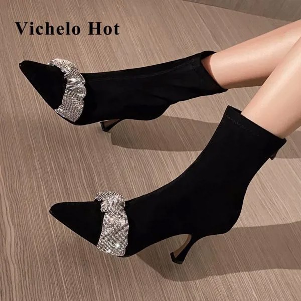 Vichelo Лидер продаж, флоковые остроносые туфли на высоких шпильках, корейские уличные Красивые вечерние ботильоны Стразы для девочек L98