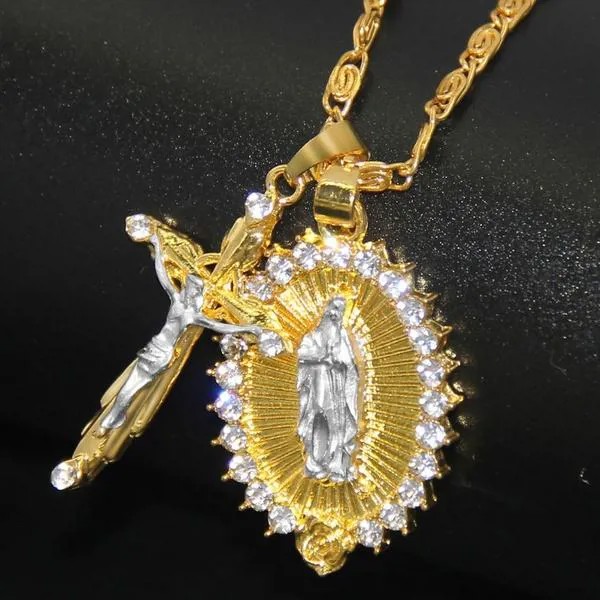 2021 Золотой цвет Хрустальный крест Здева Мария Necklaces для женщин Мужской религии INRI Распятие Иисуса Цепь Кулон Ожерелье ювелирные подарки