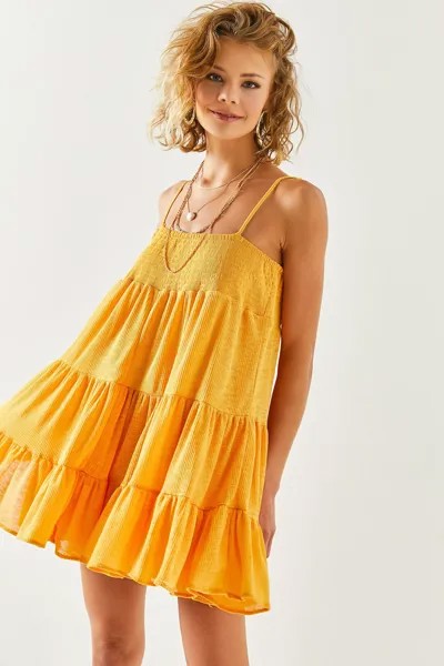 Женское повседневное мини-платье горчичного цвета с веревочными бретелями Olalook, желтый