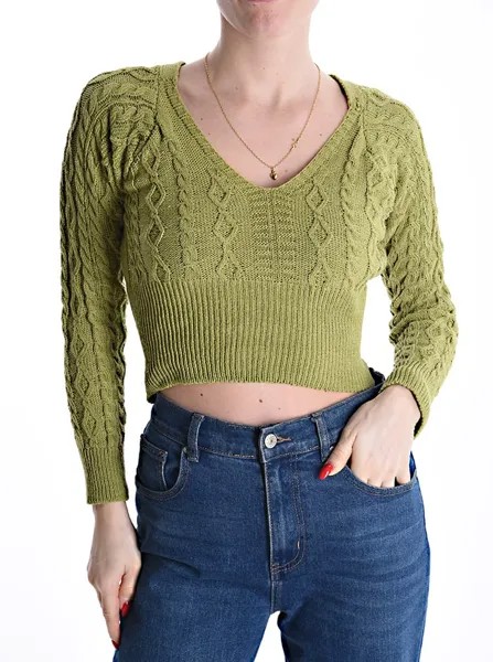Мини-свитер из хлопка с открытой спиной, бантом и v-образным вырезом, зеленый