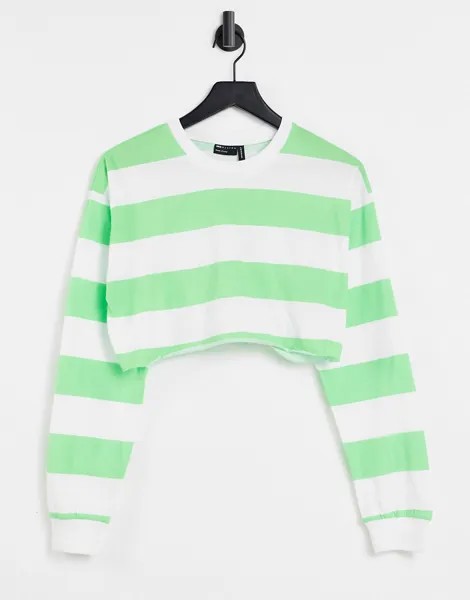 Супер укороченная футболка в полоску с длинными рукавами, манжетами и контрастной строчкой ASOS DESIGN-Зеленый цвет