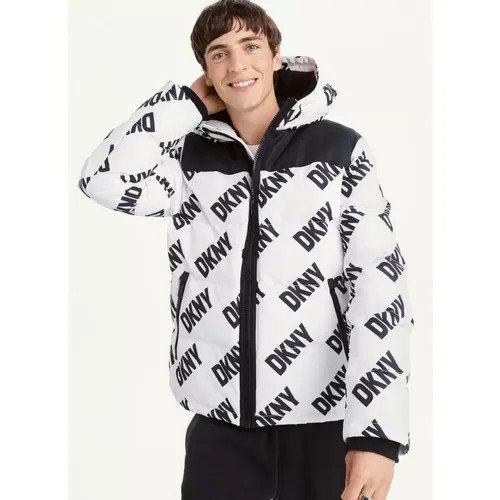 Куртка DKNY зимняя, силуэт свободный, капюшон, подкладка, внутренний карман, ветрозащитная, карманы, размер XL, мультиколор