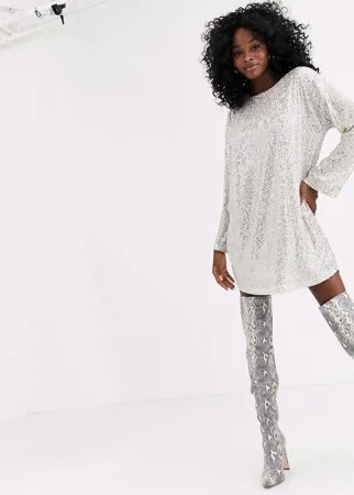 Платье мини с длинными рукавами и пайетками ASOS DESIGN-Серебристый