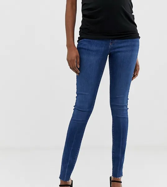 Темно-выбеленные джинсы скинни с посадкой под животом и необработанным краем ASOS DESIGN Maternity Tall Ridley-Синий