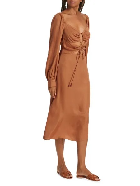Атласное платье-миди с вырезами Farm Rio, коричневый