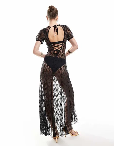 Miss Selfridge – Черное праздничное платье макси с прозрачным кружевом и годетами